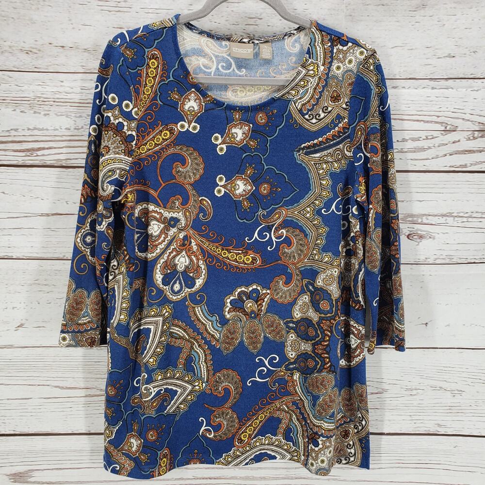 Chico's Women's Blue Paisley Knit 3/4 Sleeve Pullover Top Size 1